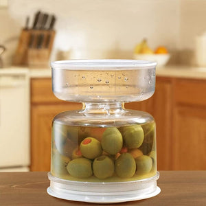Pickle and olive glass container with strainer